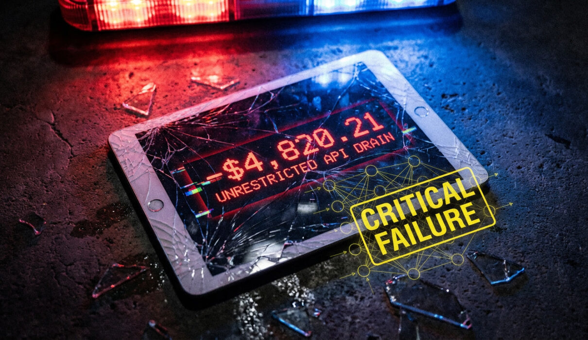 Forensic evidence of a $4,820 financial loss due to AI agent recursive token exhaustion, displayed on a shattered digital screen