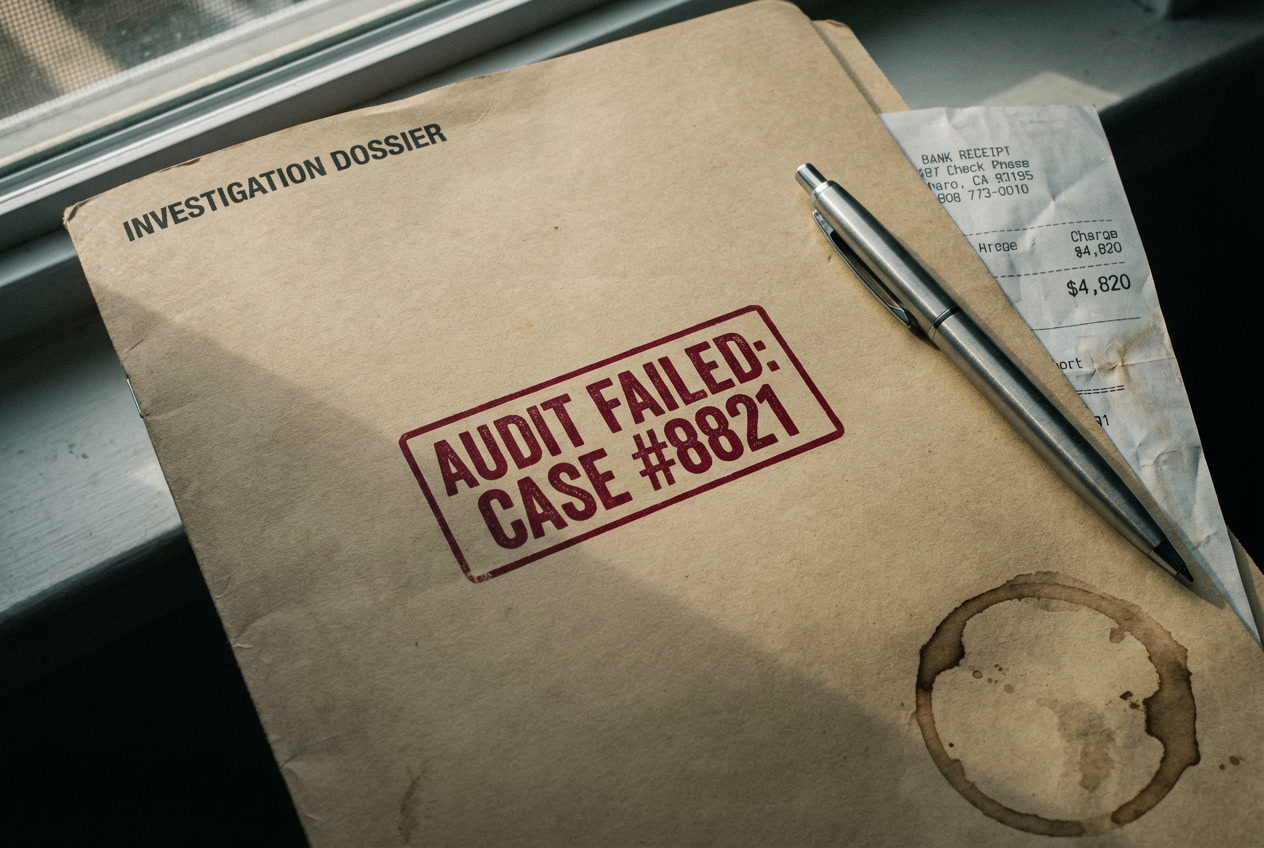 Forensic investigation dossier labeled Audit Failed with credit card receipts
