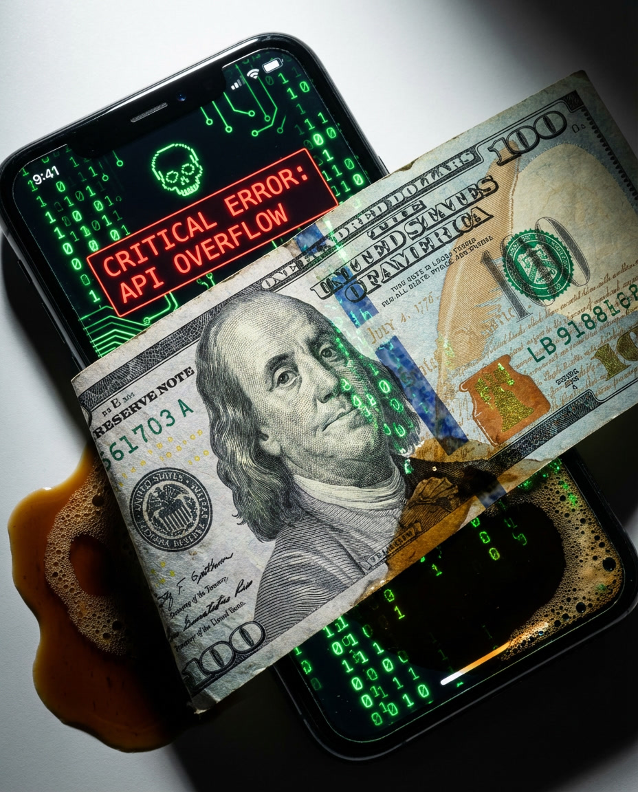 A $100 bill dissolving into digital code on a smartphone screen showing an AI API billing error