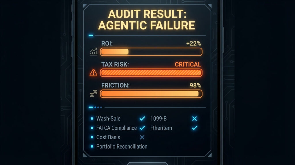 Vertical mobile infographic showing the forensic audit results of an AI wealth bot tax failure