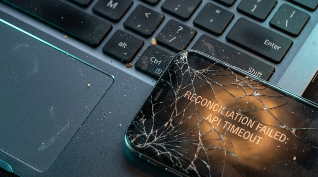 Macro view of a shattered smartphone screen displaying an API reconciliation failure during a tax audit