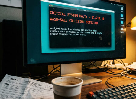 Forensic audit evidence of AI trading tax failure on a Pro Display XDR monitor, documenting Section 1091 wash sale errors, IRS Form 8949 cost-basis hallucinations, and autonomous agent technical debt