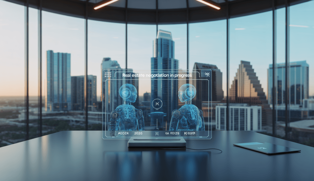 A futuristic agentic real estate dashboard showing autonomous AI agents negotiating a luxury home sale.