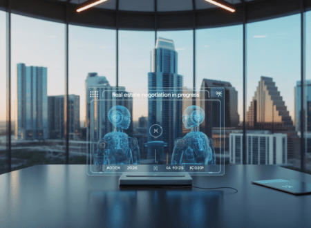 A futuristic agentic real estate dashboard showing autonomous AI agents negotiating a luxury home sale.