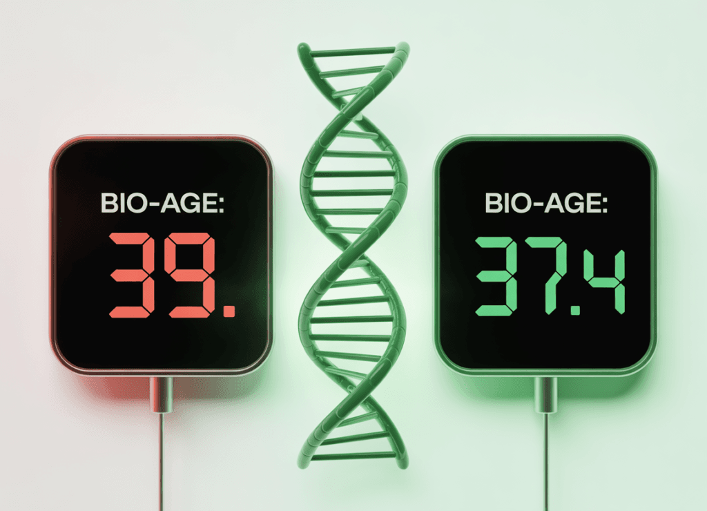 A side-by-side comparison of a biological age clock before and after using an AI Longevity Agent 2026.