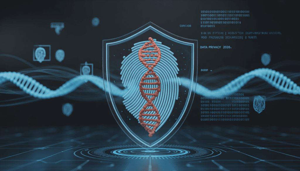  A conceptual image of digital security protecting human DNA data within an AI Longevity Agent 2026 framework.