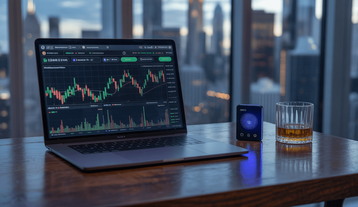 A luxury financial setup showing an autonomous Agentic Wealth Management dashboard with profit and loss visualizations.