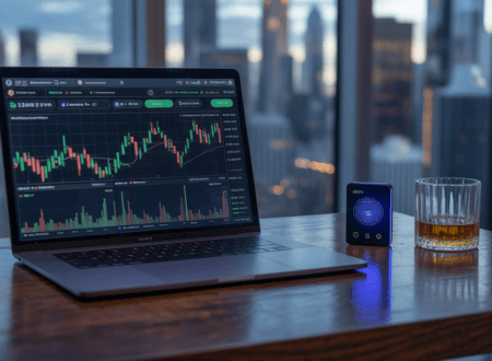 A luxury financial setup showing an autonomous Agentic Wealth Management dashboard with profit and loss visualizations.