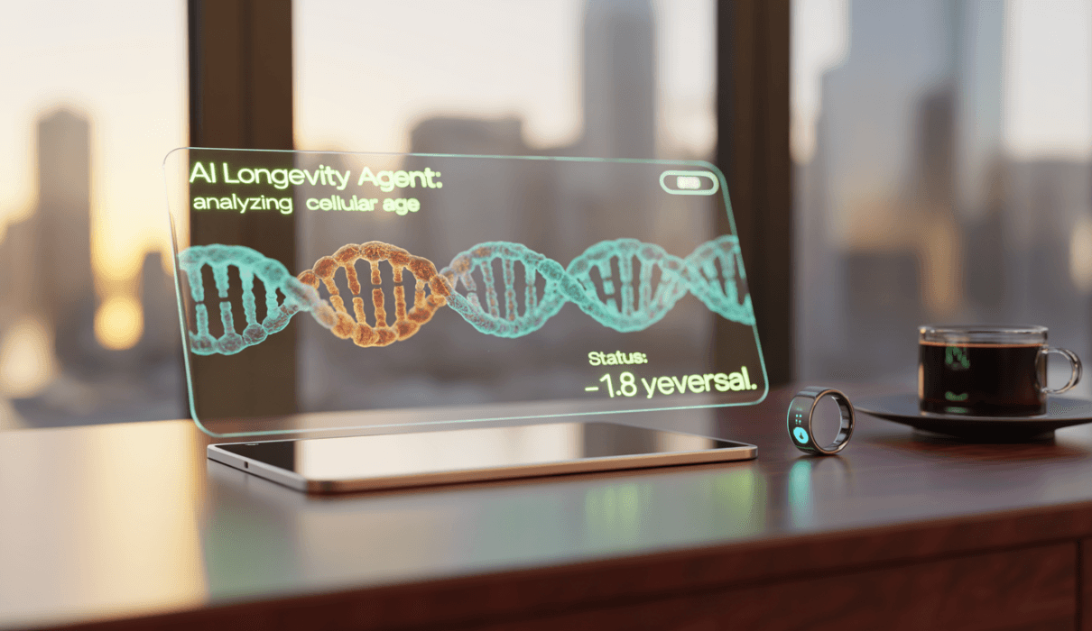 A high-tech 2026 dashboard of an AI Longevity Agent 2026 showing real-time biological age reversal and DNA health metrics.