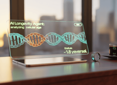 A high-tech 2026 dashboard of an AI Longevity Agent 2026 showing real-time biological age reversal and DNA health metrics.