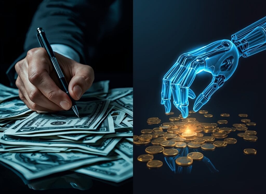 lucid origin A split screen concept art. Left side A stressed human hand holding a pen over a 0