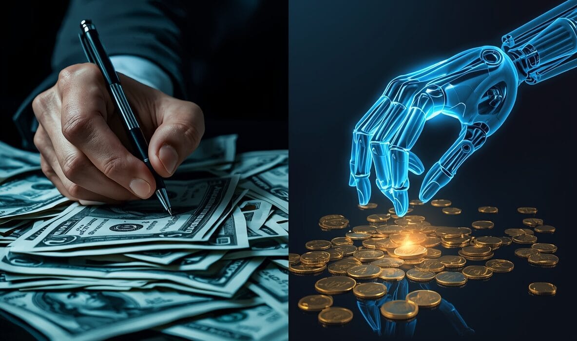 Human and robotic hands with money