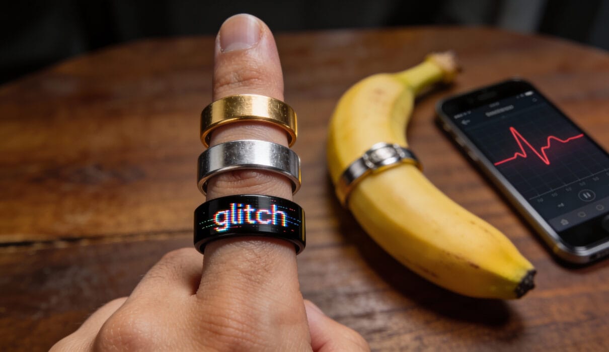 A dramatic macro shot of a human hand wearing three smart rings, with one ring physically "glitching" or sparking, and a banana in the background with a ring on it.